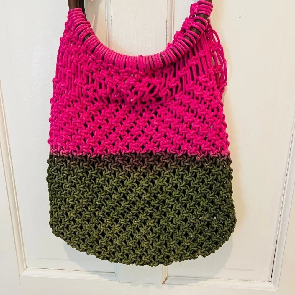 SURF GYPSY Woven Purse/Beach Boho Bag Wood Handle Pink and Green